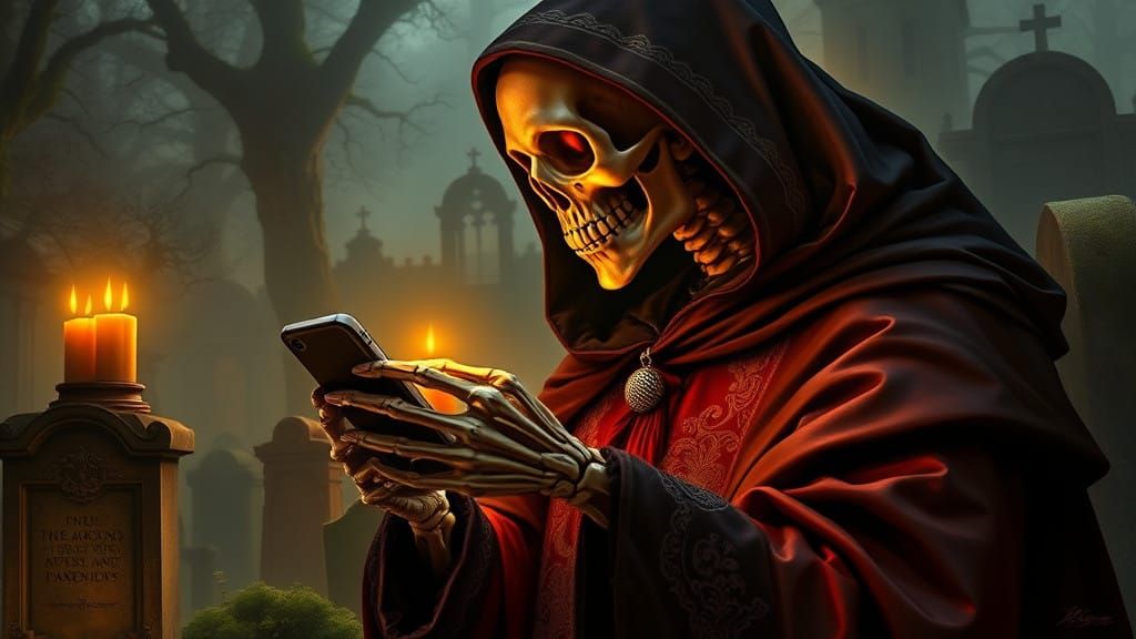 Regal Skeleton in Baroque Attire, Captivated by Smartphone