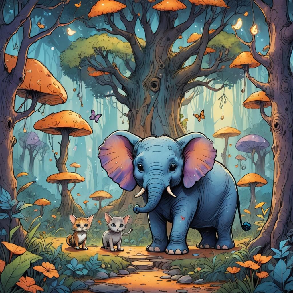 Chibi Elephant, Mouse, and Cat in Whimsical Forest