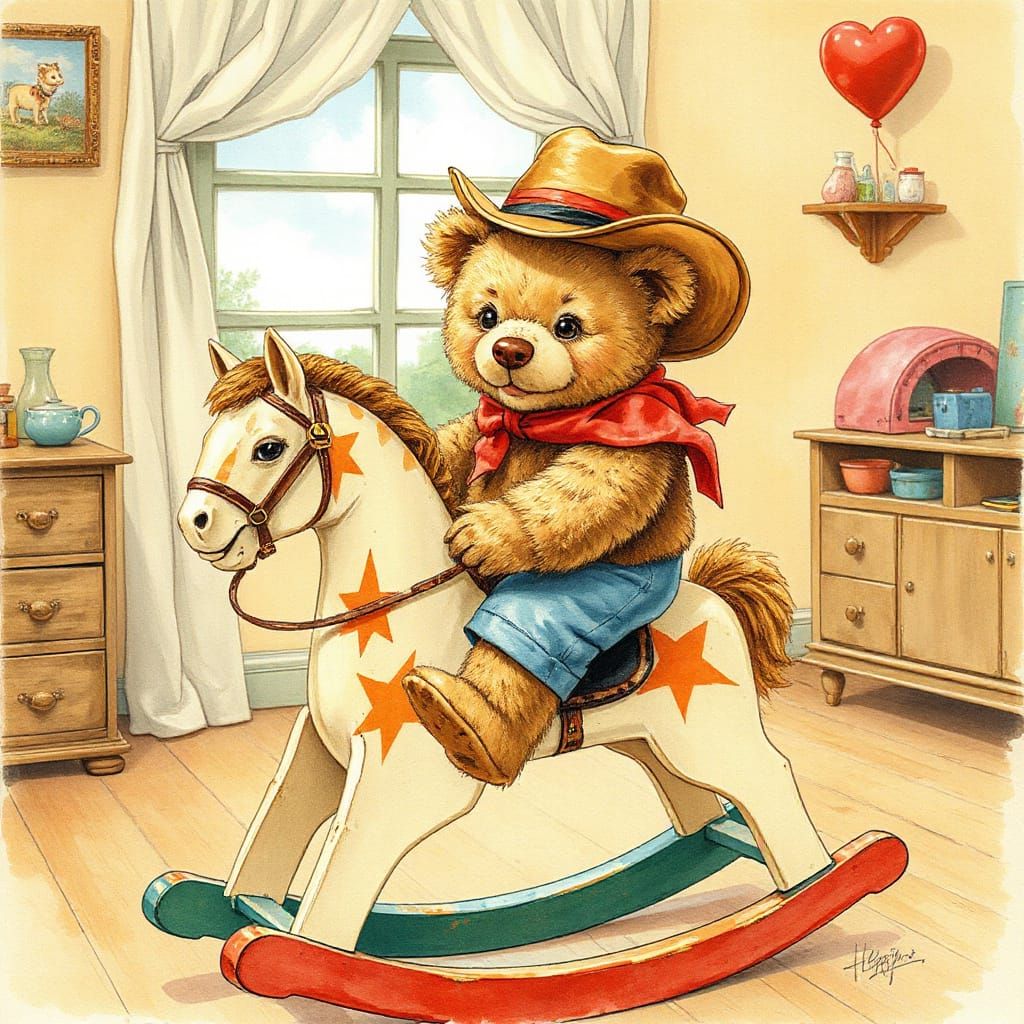 Teddy Bear Cowboy on Rocking Horse, Watercolor Illustration
