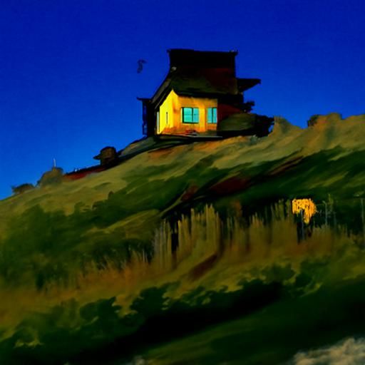 Hilltop House Oil Painting with Lonely Figure