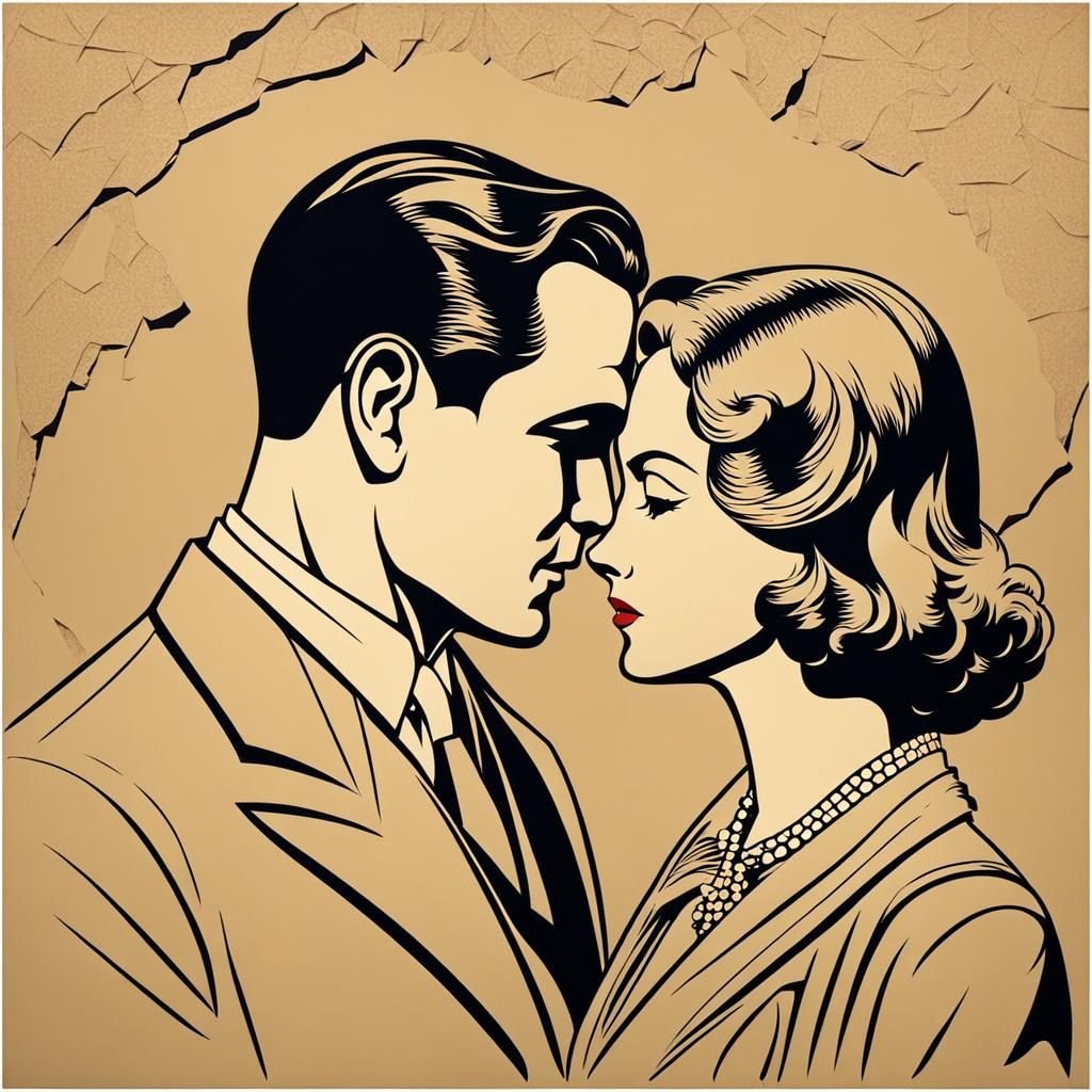 1930s Couple in Love Line Art on Paper