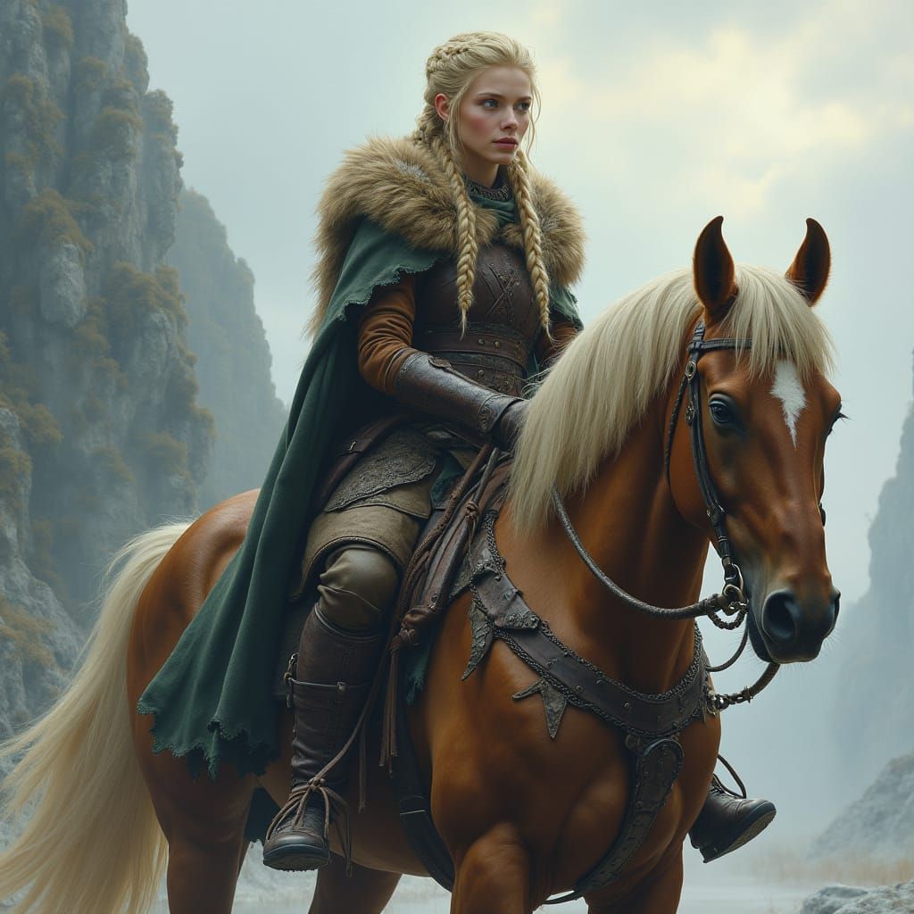 Viking Warrior on Horseback in Nordic Landscape