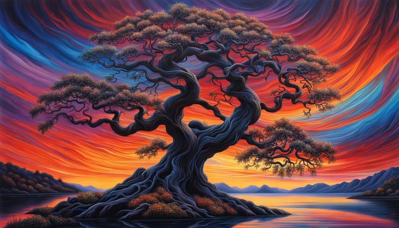 Iridescent Thorn Tree in Spiraling Lake at Twilight