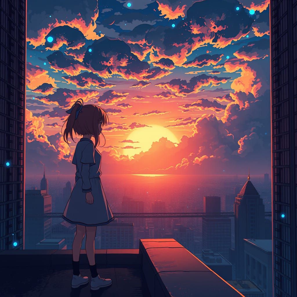 Anime-Style Sunrise on Rooftop with Epic Skyscrapers