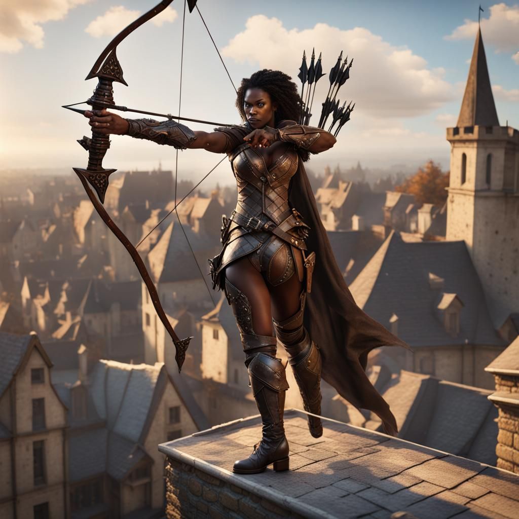 Medieval Archer on Rooftop in Dark Fantasy Art