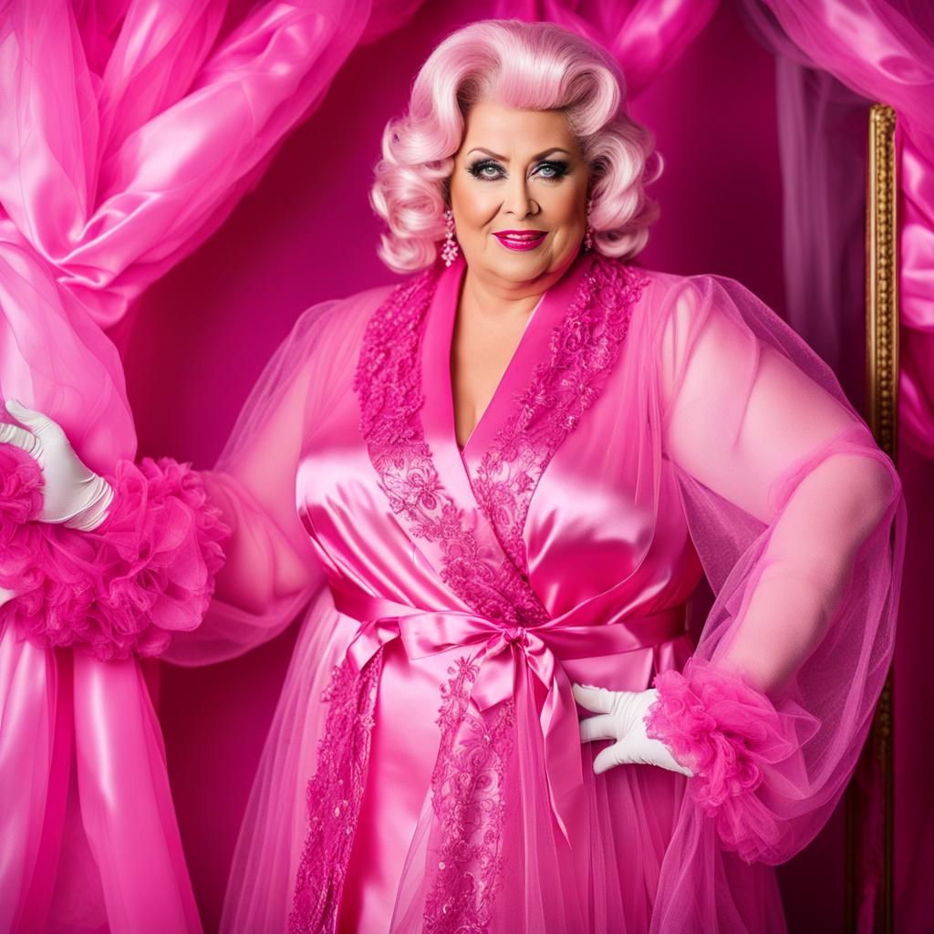Mature Woman in Barbie Pink Tulle Robe: Surreal Kodachrome P...