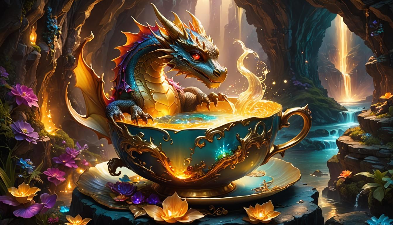Dragon Guarding Magical Teacup World: Fantasy Art