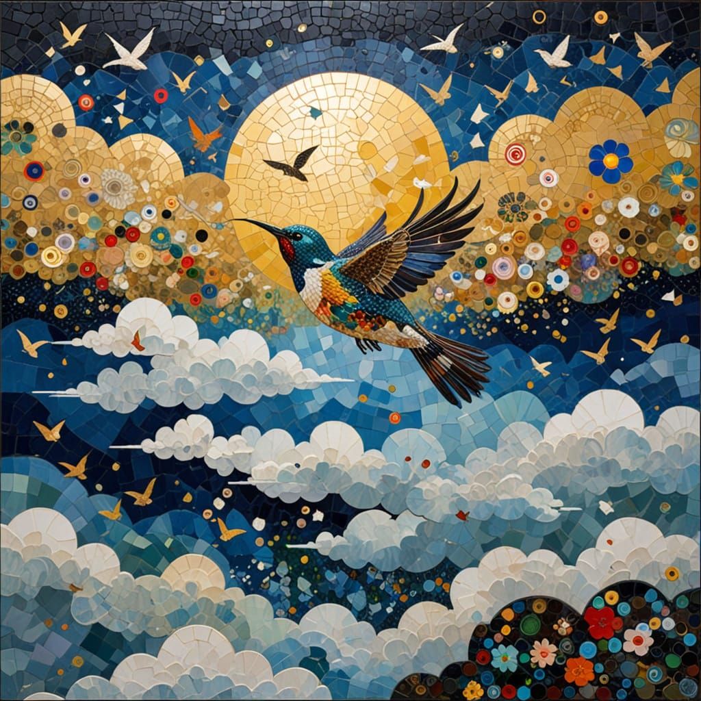 Bird Flies Over Clouds in Klimt-Inspired Mosaic Style