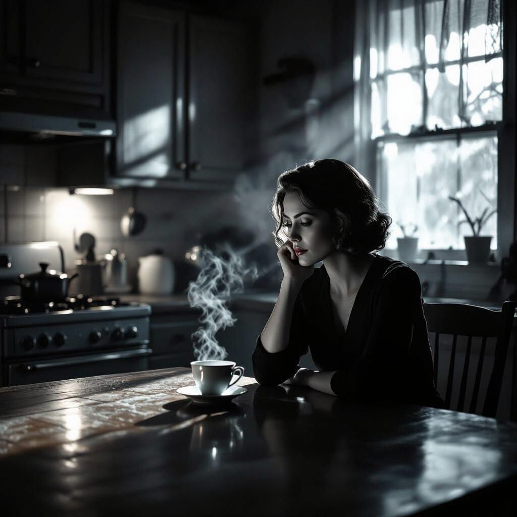Film Noir Solitude: Woman Lost in Thought at Kitchen Table