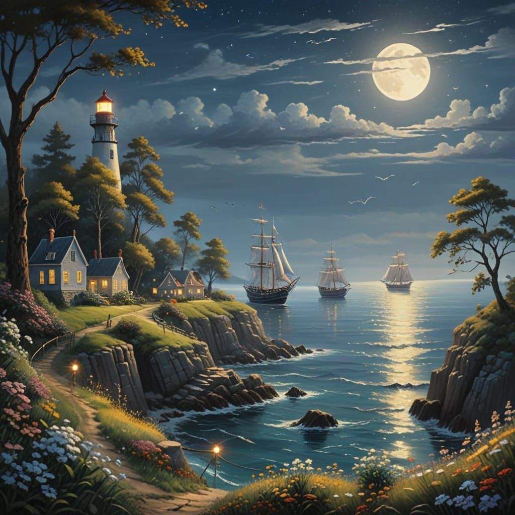 Charming Coastal Town at Night with Lighthouse