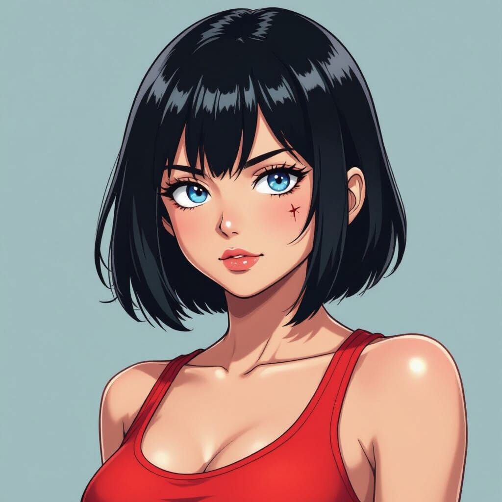 Woman With Black Bob and Red Tank Top in My Hero Academia St...