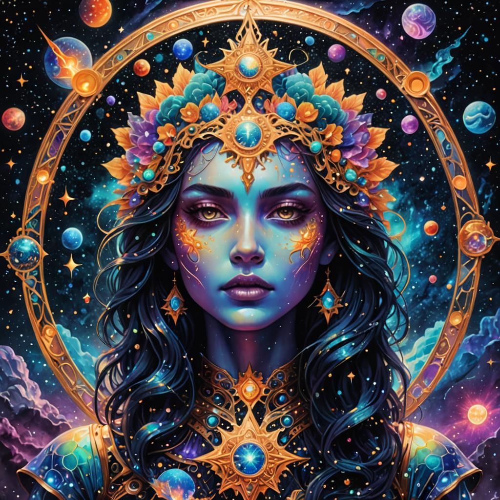 Holographic Cosmic Astral Illustration in Mixed Media