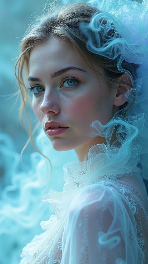Ethereal Smoke Goddess with Piercing Blue Eyes