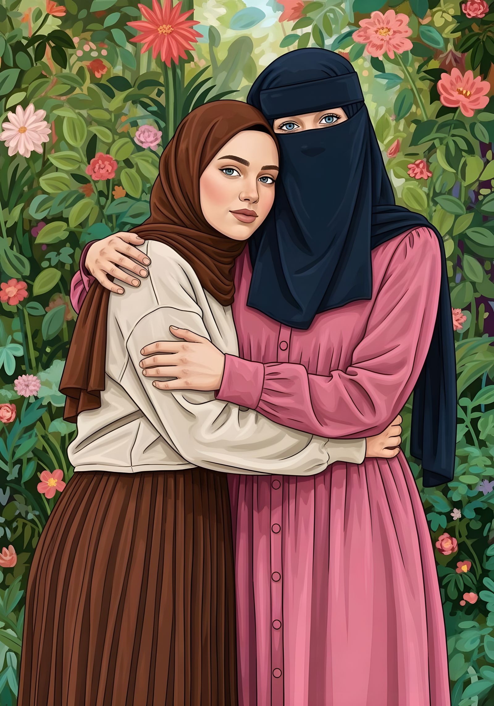 Swedish Hijabi Friends Embrace in Botanic Garden