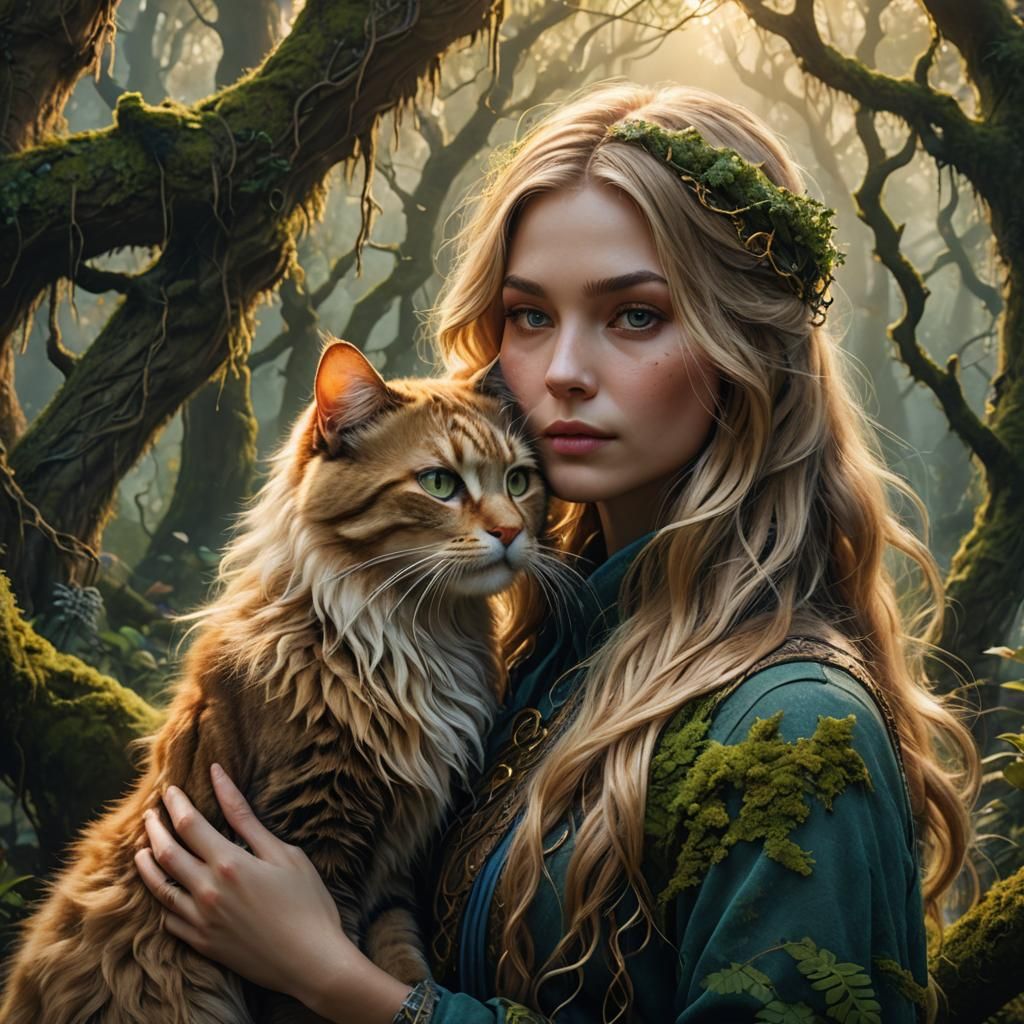 Girl with Cat in Misty Forest: Fantasy Art