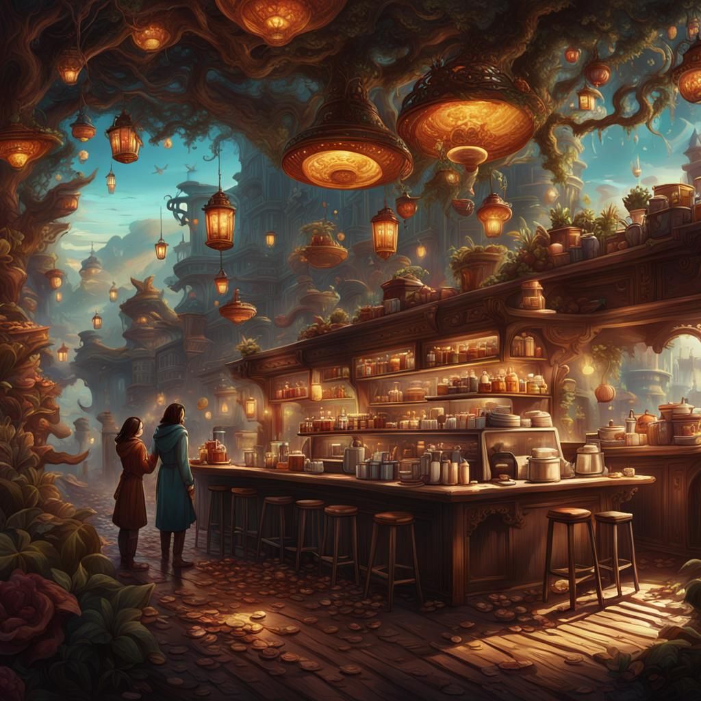 Enchanting Coffee Ritual: Detailed Matte Painting