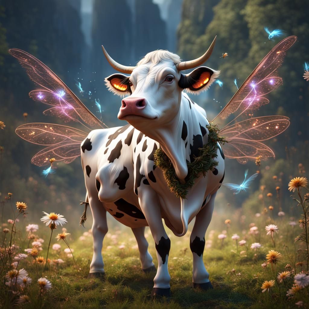 Whimsical Cow Fairy with Wand, Detailed Art