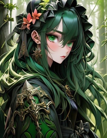 Emerald Haired Anime Warrior in Enchanted Forest