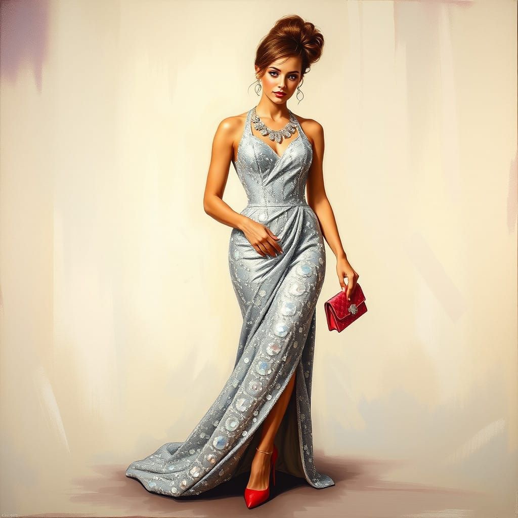 Elegant Lady Dior-Inspired Portrait in Shimmering Silver Gow...
