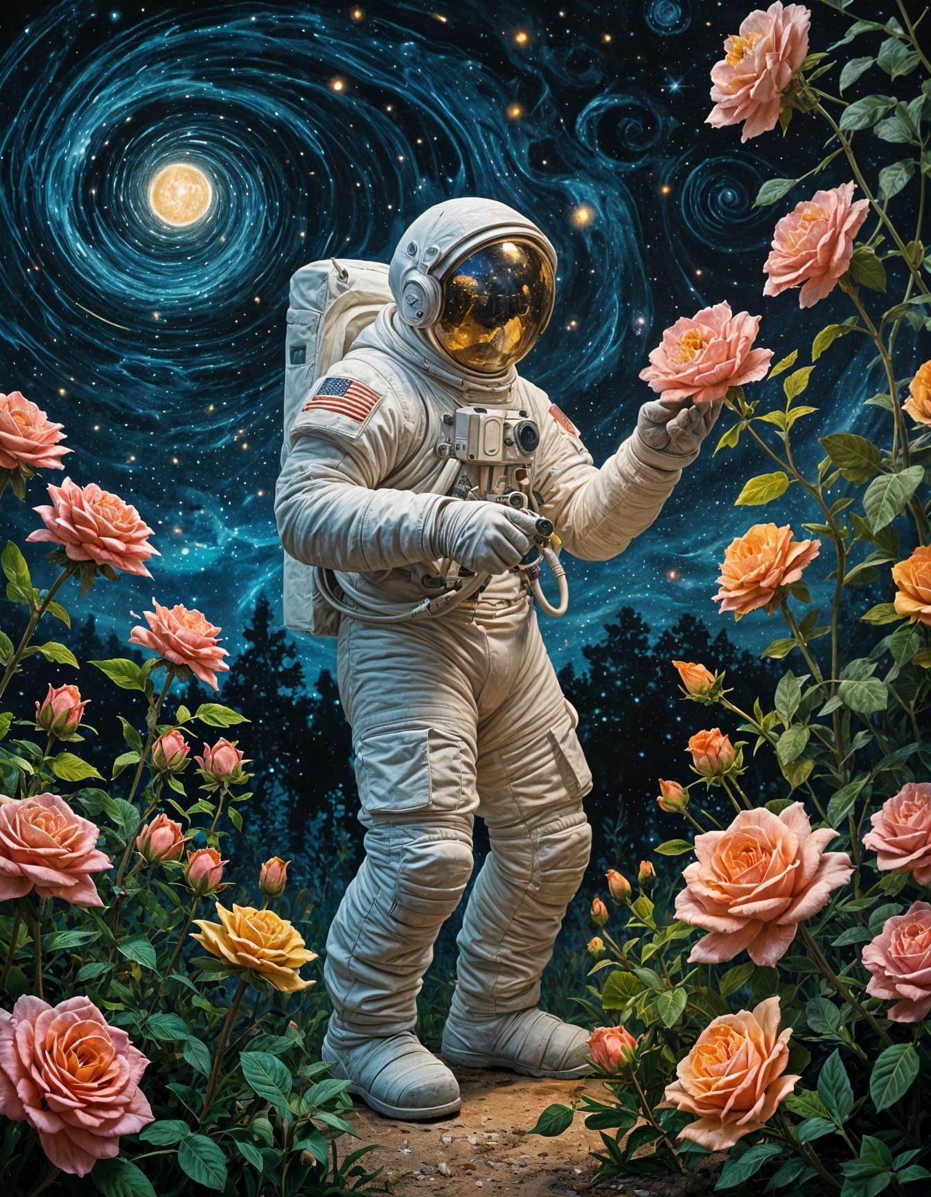 Astronaut Tending Bioluminescent Roses in Cosmic Garden