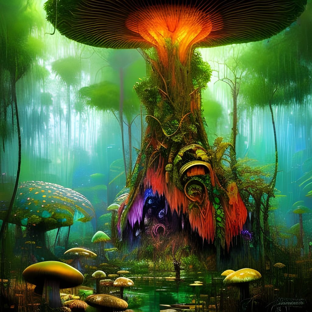 Luminescent Mushroom Jungle in Psychedelic Pop Art Style