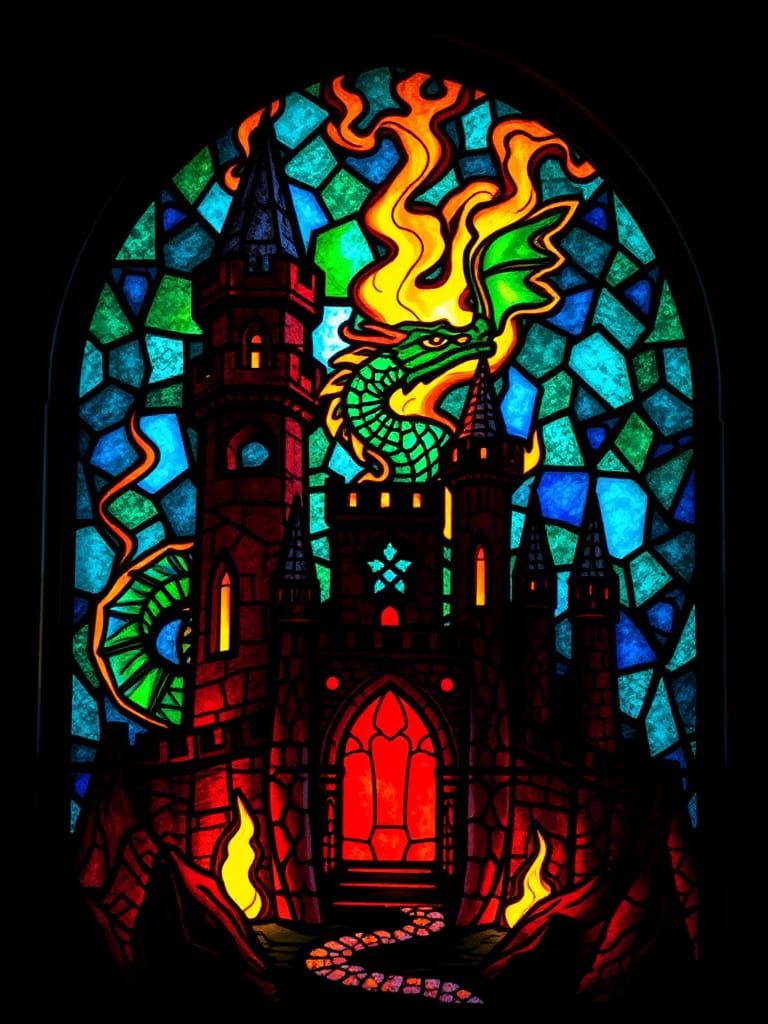 Dragon Burning Castle in Stained Glass Style