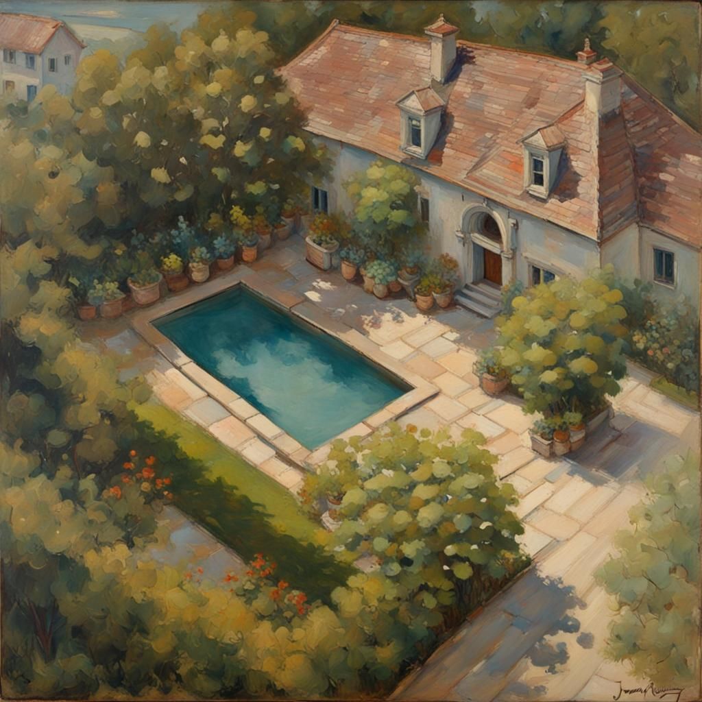 House and Garden Blocked by Urns, Oil Painting