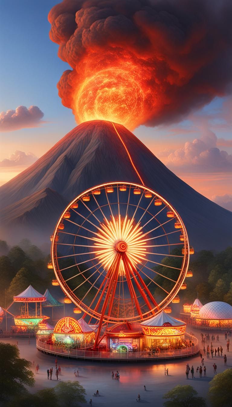 Amusement park in prehistoric earth, erupting volcano Ferris...