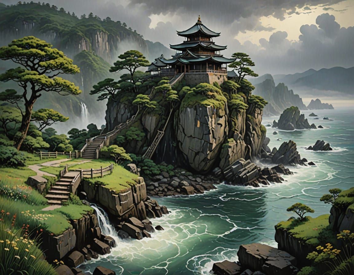 an old Japanese temple ruin next to the ocean