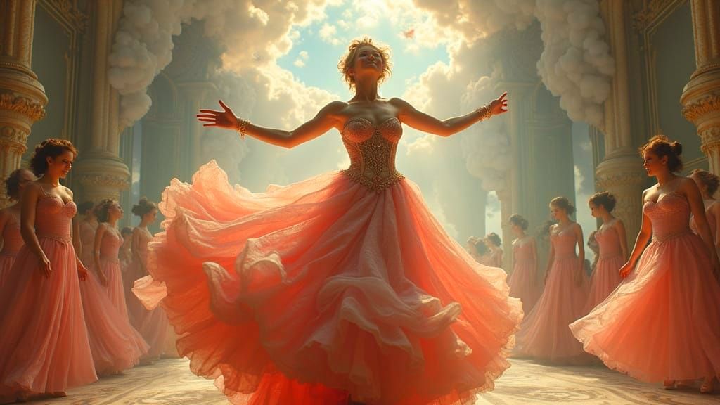 A grand ballroom scene set on an infinite palace with an awesome happy woman wearing an elabora...