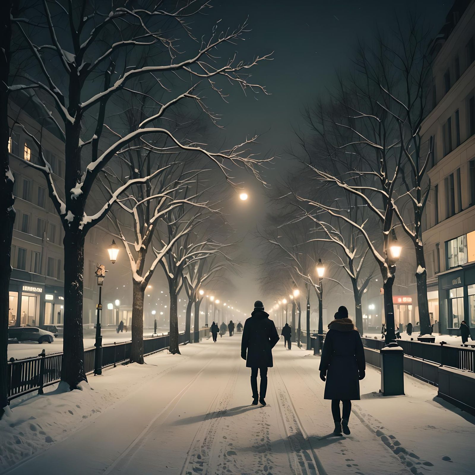City Promenade at Night in Winter: Cinematic Still
