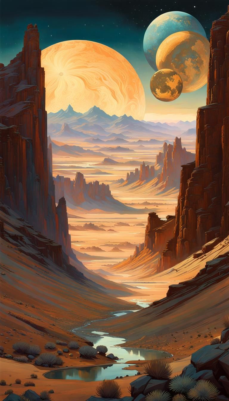 Cosmic Western Canyon in Art Nouveau Style