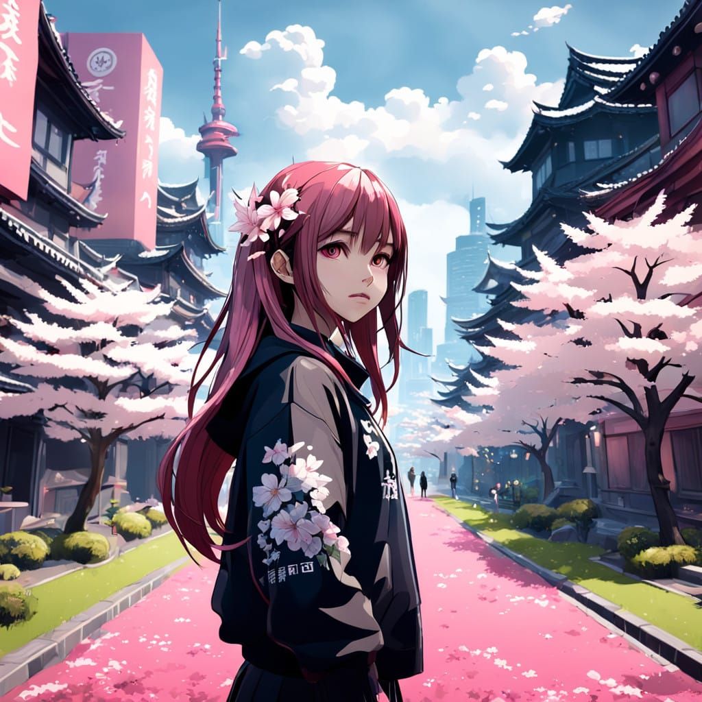 Neo Tokyo Goddess Embracing Nature in a Futuristic Oasis