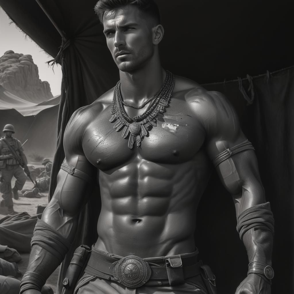 Soldiers Relaxing in Desert, Hyperrealistic Charcoal Drawing