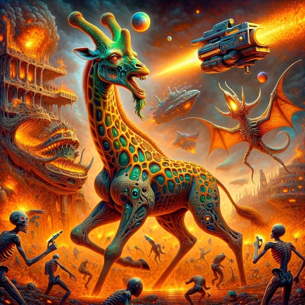 Alien Giraffe and Scorpion in Burning City