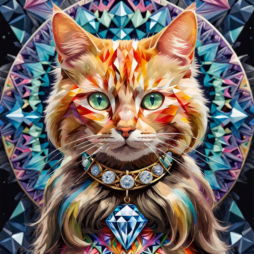 Galactic Cat with Diamond Collar in Gouache Style