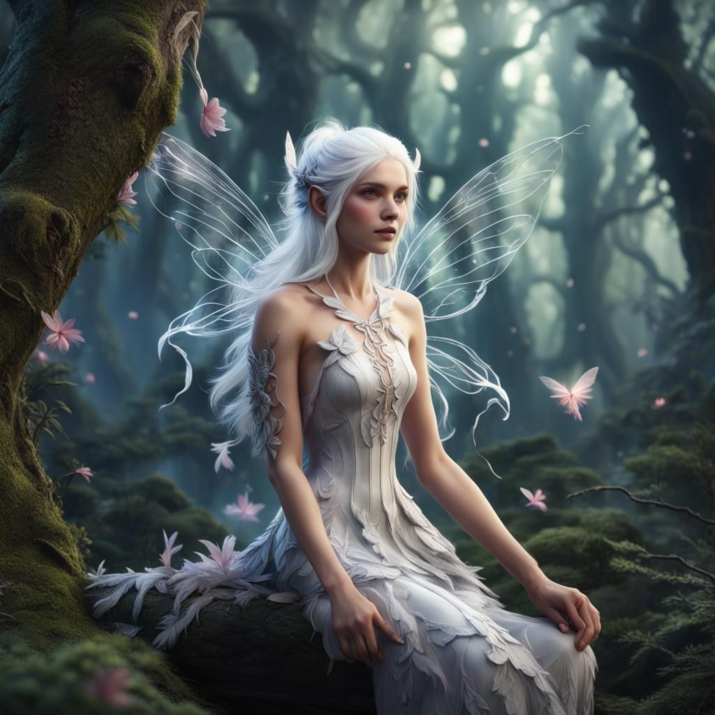 Beautiful White-Haired Fairy in Enchanted Forest
