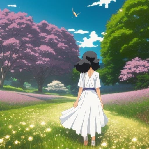 Anime Girl Walks Through Flower Field: Ghibli Style