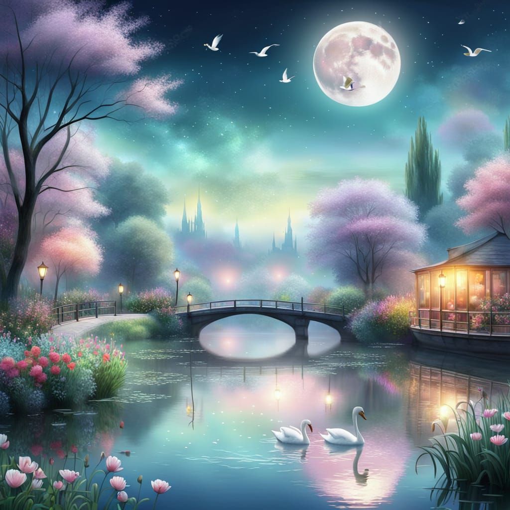 Serene Whimsical Pond Scene in Vibrant Impressionist Style