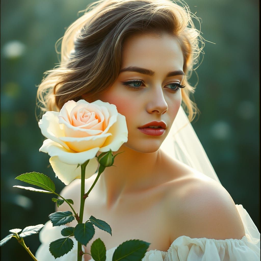Woman Smelling Rose in Hyperrealistic Style