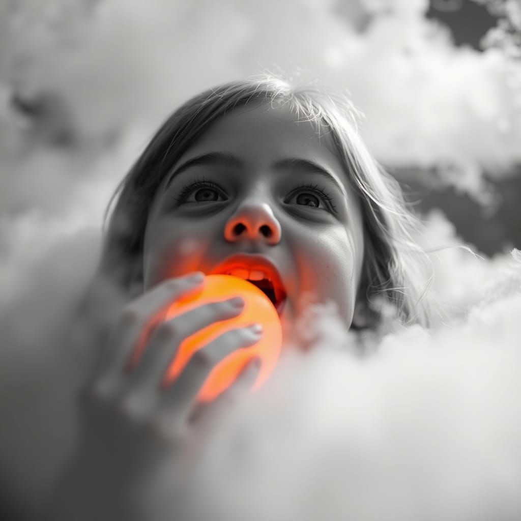 Girl with Glowing Orb: Ethereal Black and White Portrait