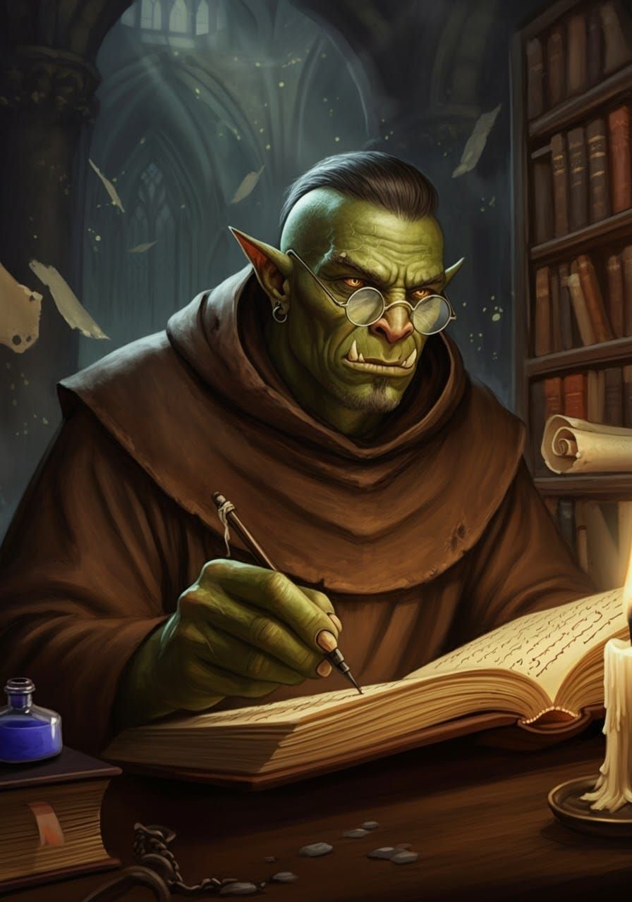 Orc Scribe in Ancient Library, Dramatic Lighting