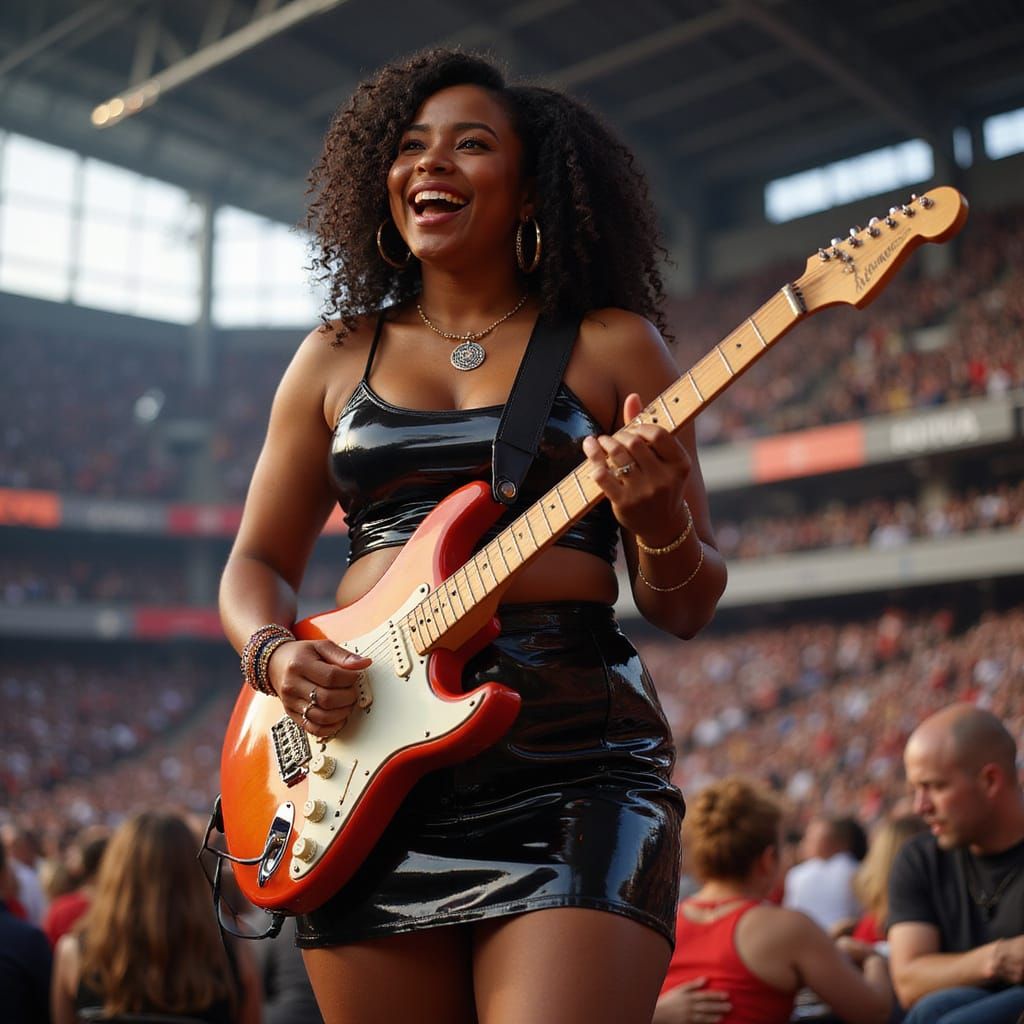 Hyperrealistic Woman Playing Guitar in Stadium