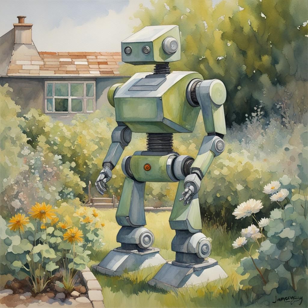 Aesthetic Robot Tending Garden in Watercolour Style