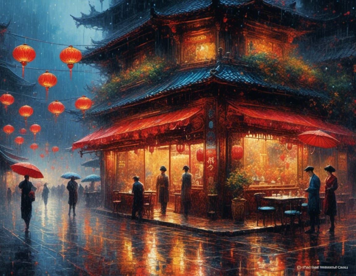 Rainy Night Cafe in Post-Impressionist Watercolor