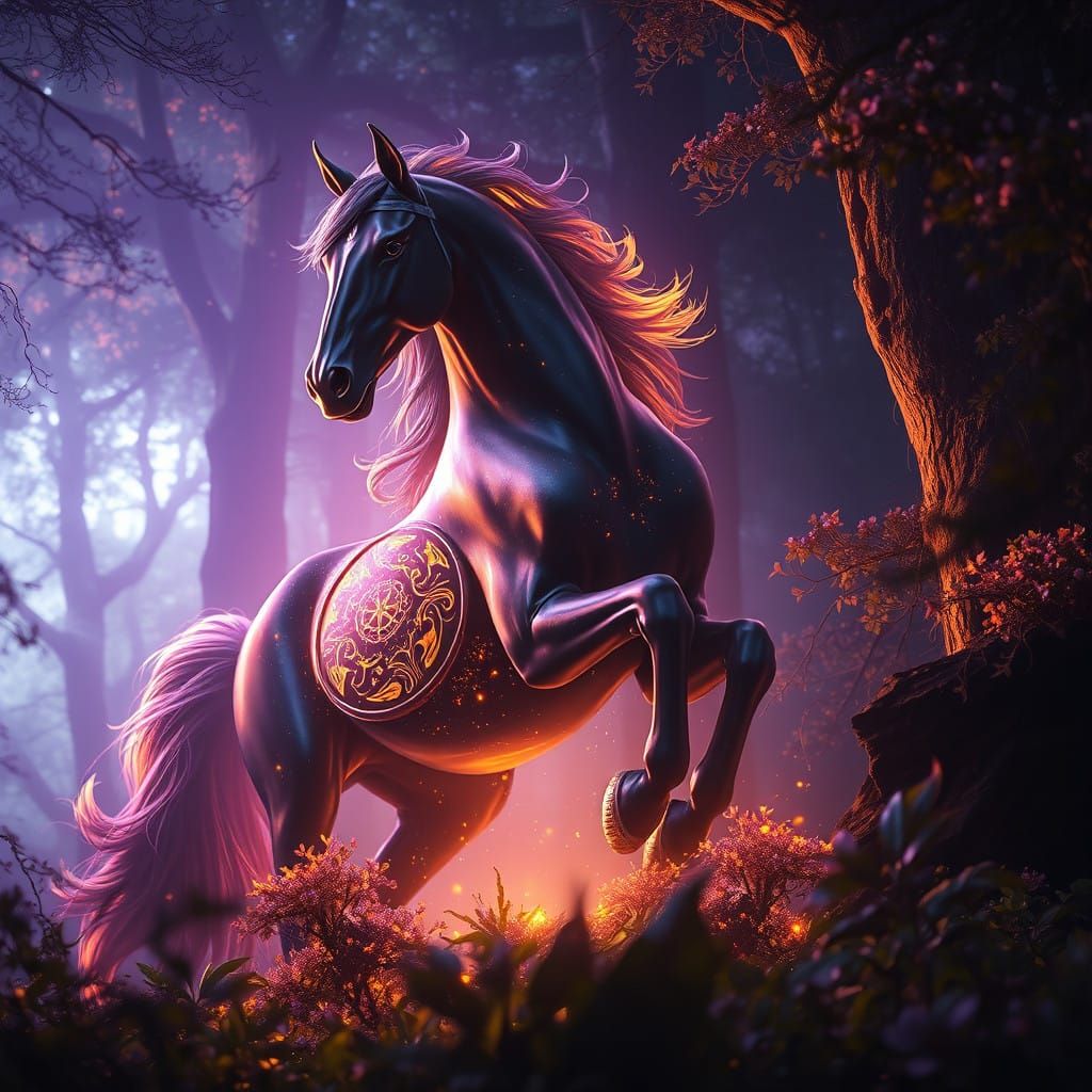 A Majestic Black Horse Emerges from the Shadows