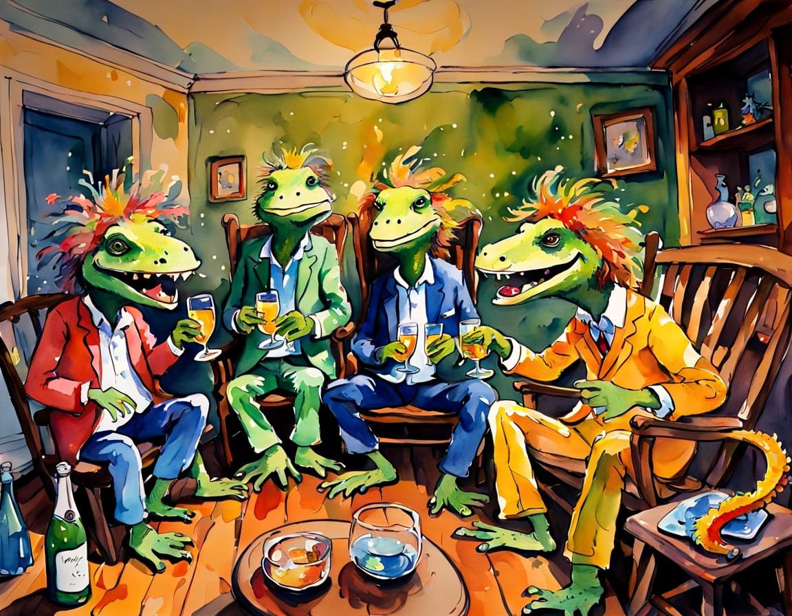 Quentin Blake-Style Lizard Dancers Enjoy a Champagne Toast