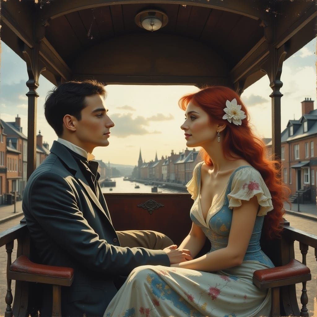 Newlyweds in Ornate Carriage in Art Nouveau Style