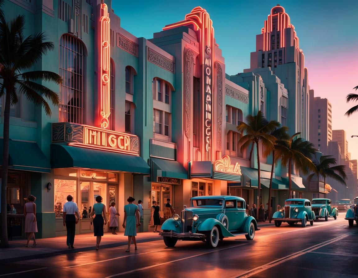 Art Deco Miami Street at Magic Hour
