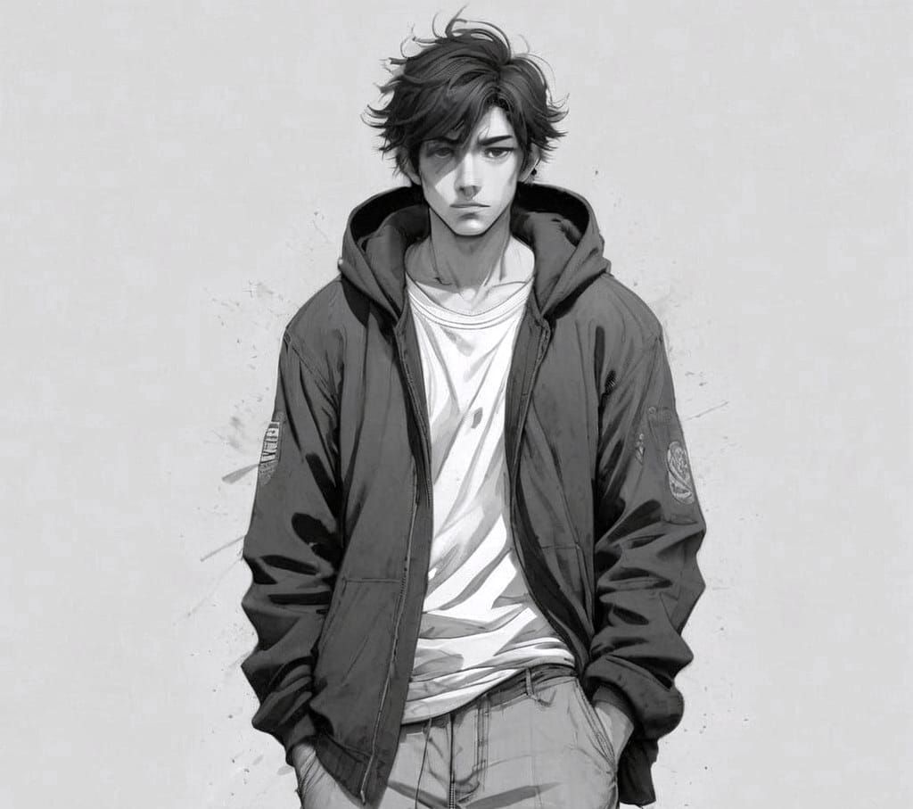 Anime Boy Doodle Art in Hyperdetailed Charcoal Style